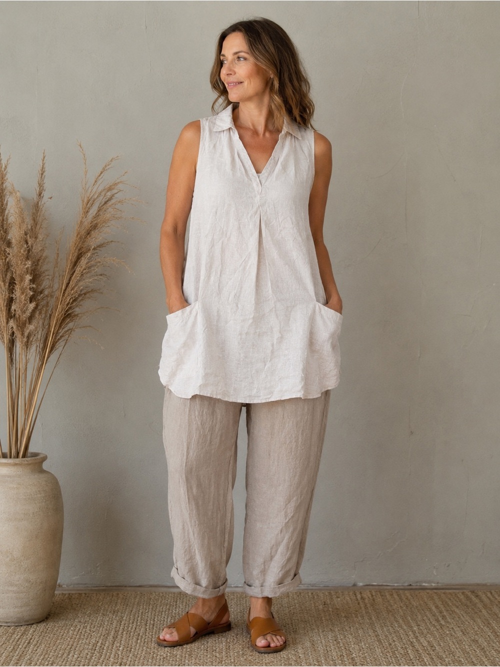 Sigrid Olsen Cream Linen Sleeveless Tunic Top Medium Boho Lagenlook Pockets